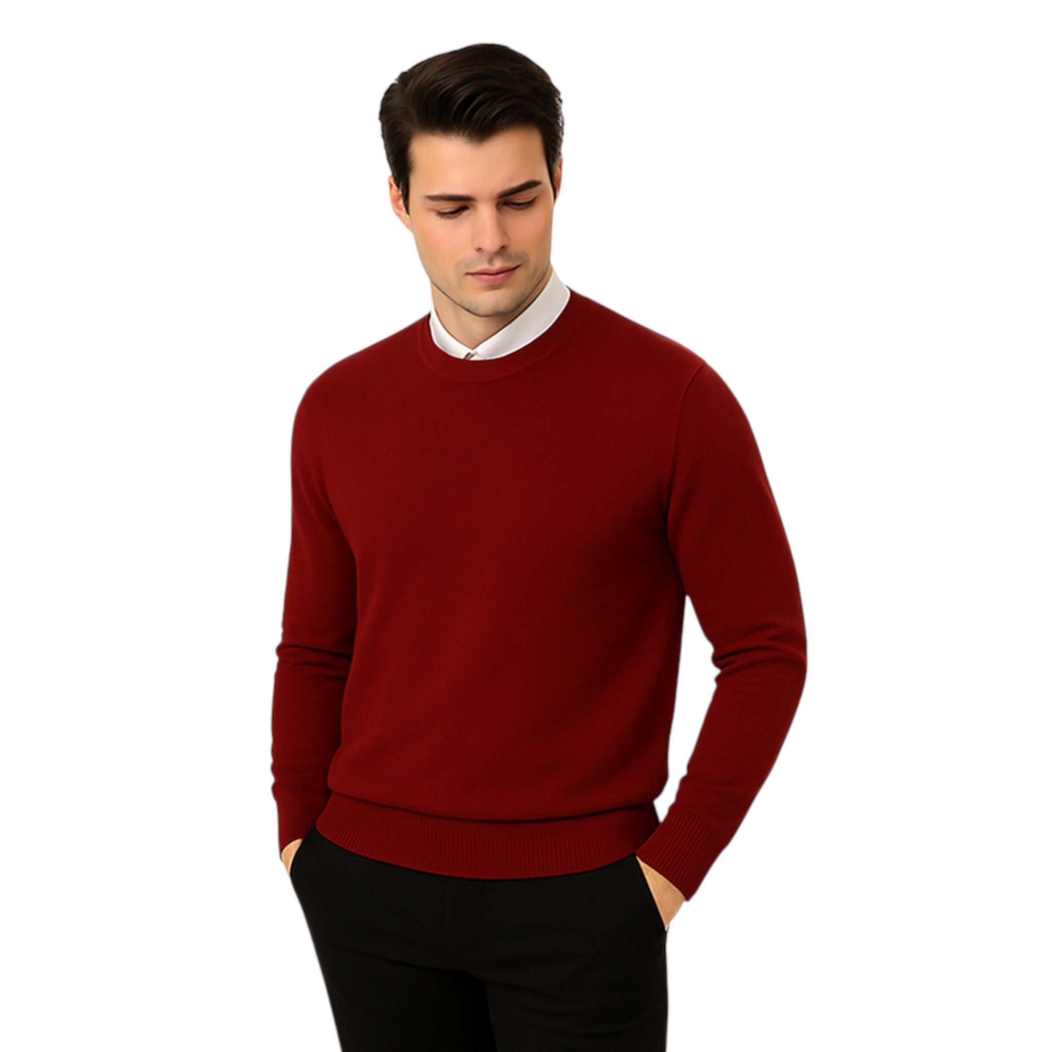 Men’s classic burgundy round neck jumper – soft knit pullover sweater with long sleeves